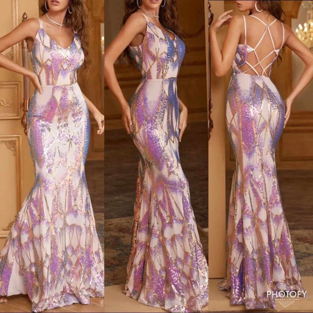 Luxurious Sequins Mermaid Backless Prom Evening Party Formal Gown Floor Dress - Picture 2 of 11